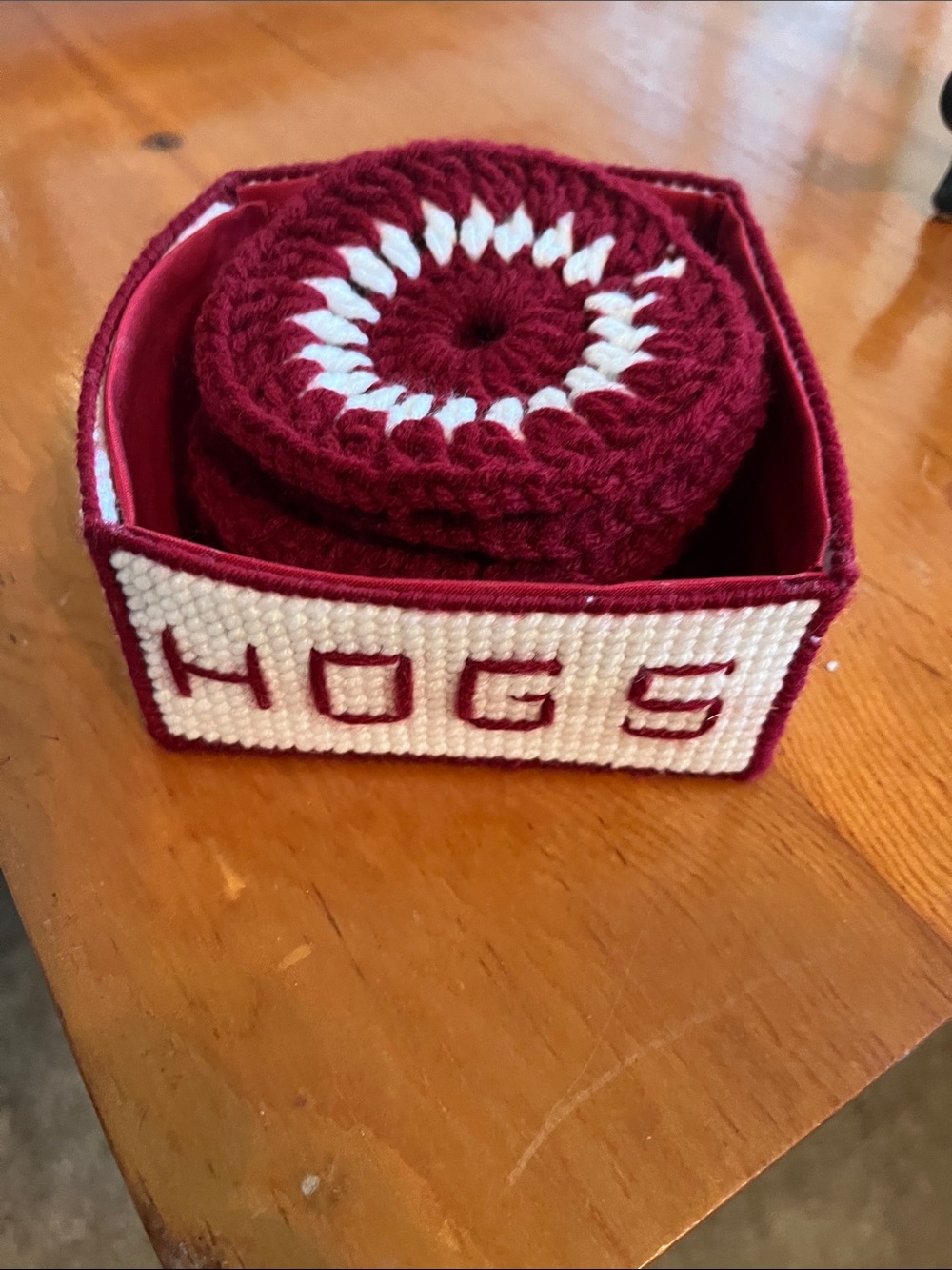 Handcrafted Maroon and White Home Accent Basket with 'HOGS' Stitching